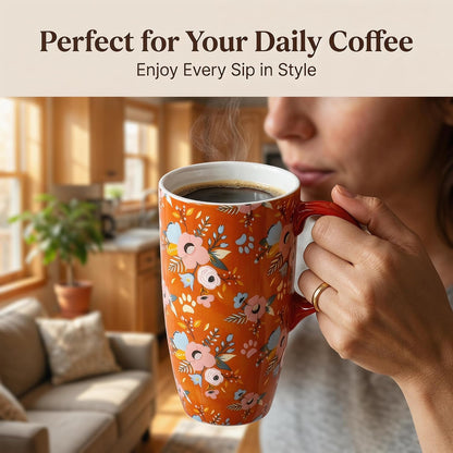 17oz Ceramic Travel Mug with Lid, Botanical Coffee Mug | 17oz Ceramic Travel Mug • Vintage Botanical Design • Coffee Mug with Lid • Microwave & Dishwasher Safe • Gift Box