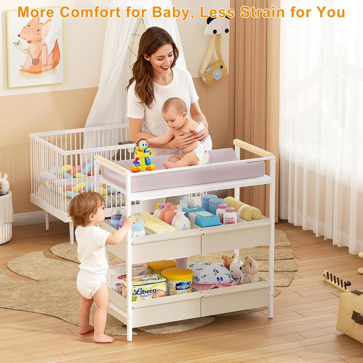 Baby Changing Table with Safety Bumper, Sturdy Diaper Change Station with Adjustable Devider in Large Storage Bin, Nursery Dresser for for Cloth Change, Baby Furniture Diaper Organizer,White
