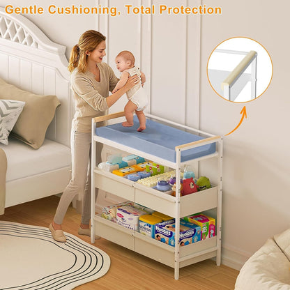 Baby Changing Table with Safety Bumper, Sturdy Diaper Change Station with Adjustable Devider in Large Storage Bin, Nursery Dresser for for Cloth Change, Baby Furniture Diaper Organizer,White