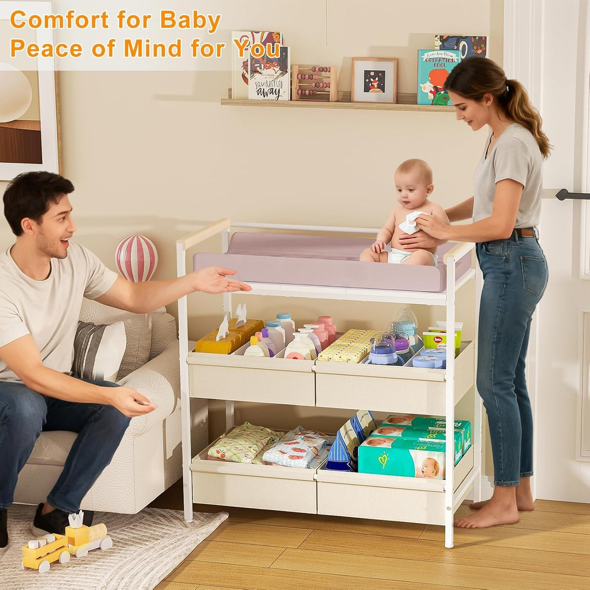 Baby Changing Table with Safety Bumper, Sturdy Diaper Change Station with Adjustable Devider in Large Storage Bin, Nursery Dresser for for Cloth Change, Baby Furniture Diaper Organizer,White