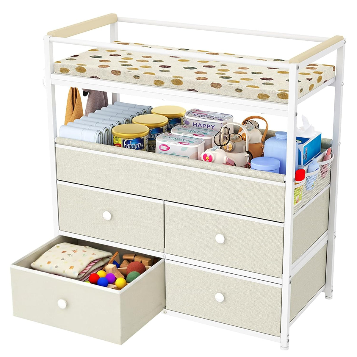 Baby Changing Table with Safety Bumper, Sturdy Diaper Change Station with Adjustable Devider in Large Storage Bin, Nursery Dresser for for Cloth Change, Baby Furniture Diaper Organizer,White