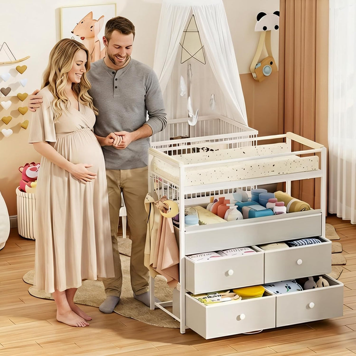 Baby Changing Table with Safety Bumper, Sturdy Diaper Change Station with Adjustable Devider in Large Storage Bin, Nursery Dresser for for Cloth Change, Baby Furniture Diaper Organizer,White