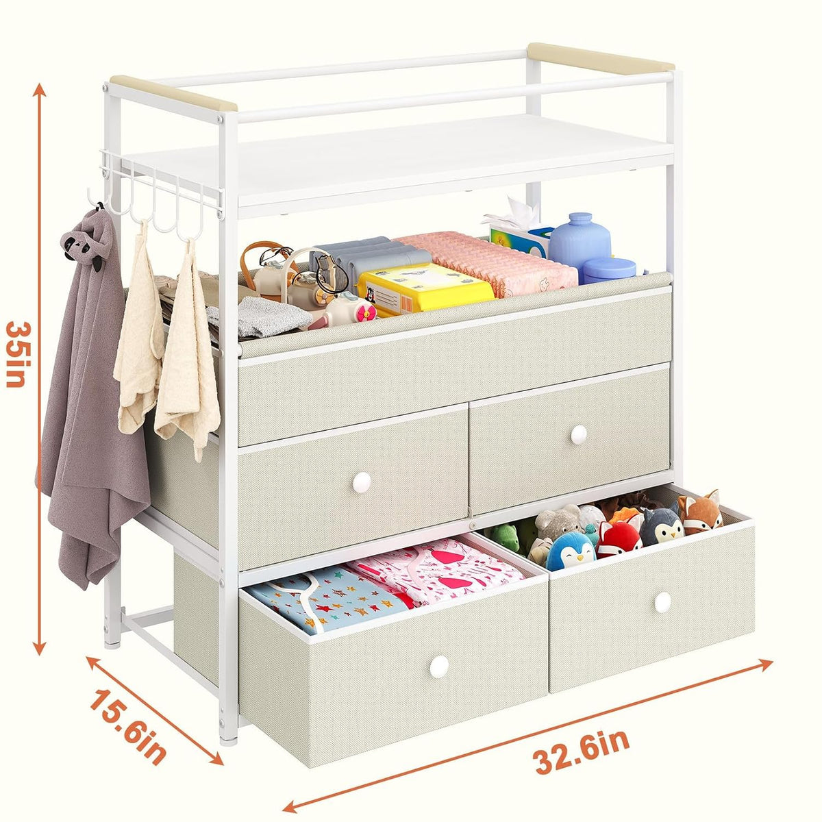 Baby Changing Table with Safety Bumper, Sturdy Diaper Change Station with Adjustable Devider in Large Storage Bin, Nursery Dresser for for Cloth Change, Baby Furniture Diaper Organizer,White