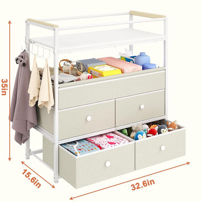 Baby Changing Table with Safety Bumper, Sturdy Diaper Change Station with Adjustable Devider in Large Storage Bin, Nursery Dresser for for Cloth Change, Baby Furniture Diaper Organizer,White