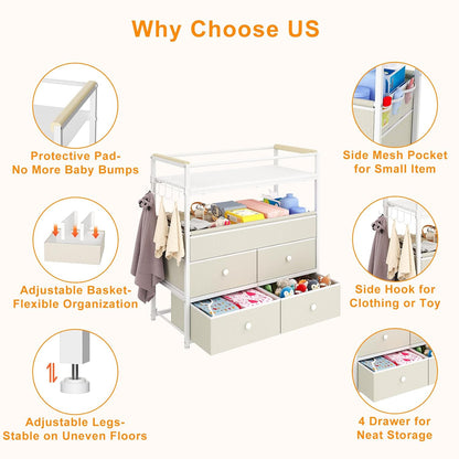 Baby Changing Table with Safety Bumper, Sturdy Diaper Change Station with Adjustable Devider in Large Storage Bin, Nursery Dresser for for Cloth Change, Baby Furniture Diaper Organizer,White