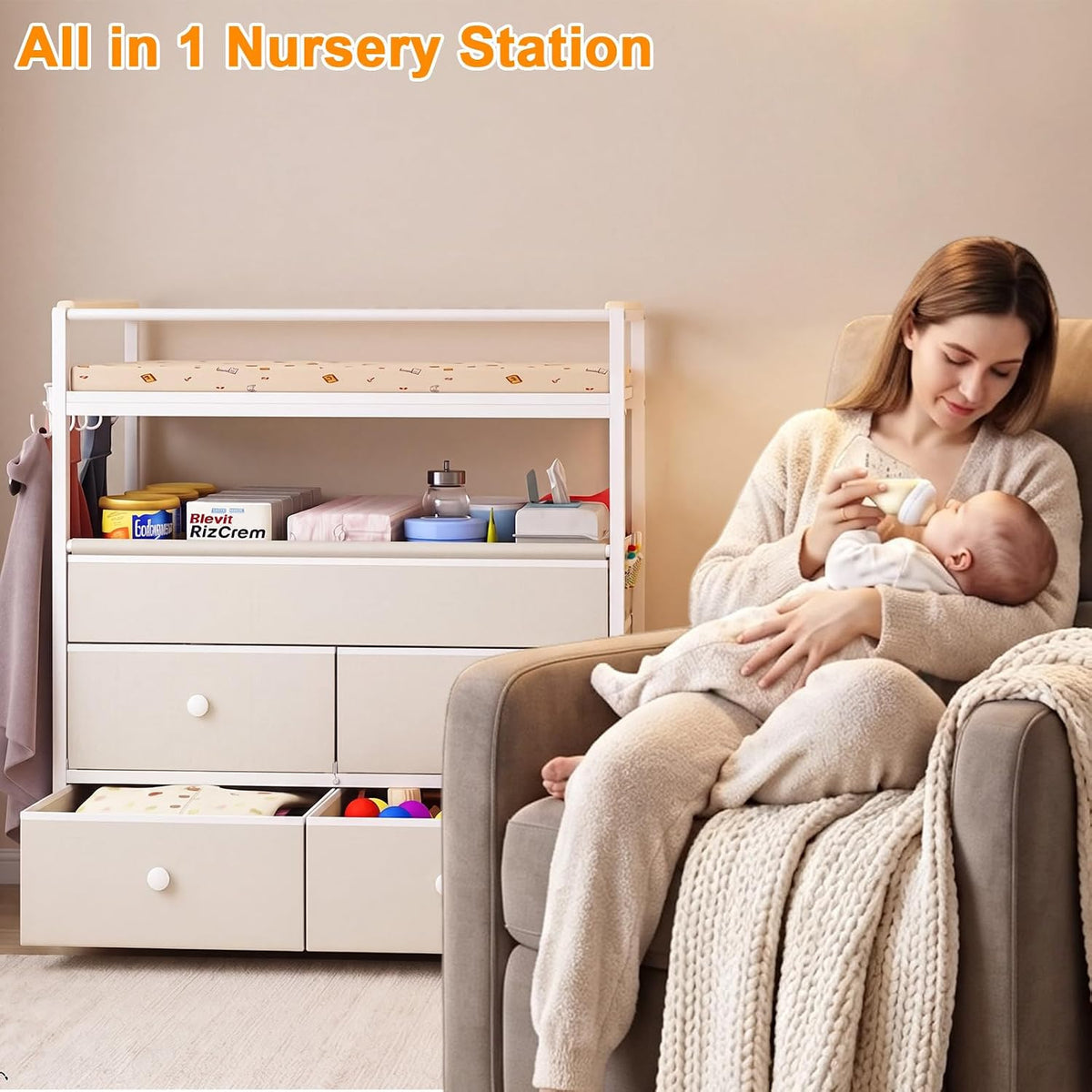 Baby Changing Table with Safety Bumper, Sturdy Diaper Change Station with Adjustable Devider in Large Storage Bin, Nursery Dresser for for Cloth Change, Baby Furniture Diaper Organizer,White