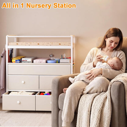 Baby Changing Table with Safety Bumper, Sturdy Diaper Change Station with Adjustable Devider in Large Storage Bin, Nursery Dresser for for Cloth Change, Baby Furniture Diaper Organizer,White