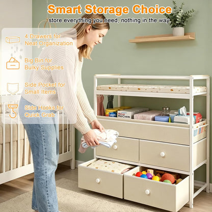 Baby Changing Table with Safety Bumper, Sturdy Diaper Change Station with Adjustable Devider in Large Storage Bin, Nursery Dresser for for Cloth Change, Baby Furniture Diaper Organizer,White