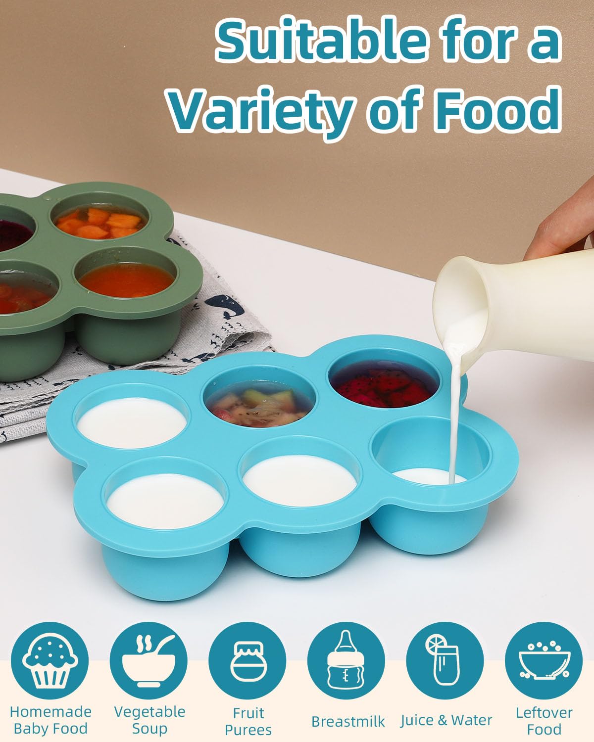 Silicone Baby Food Freezer Tray with Clip-on Lid, 6 x 3 oz, Blue