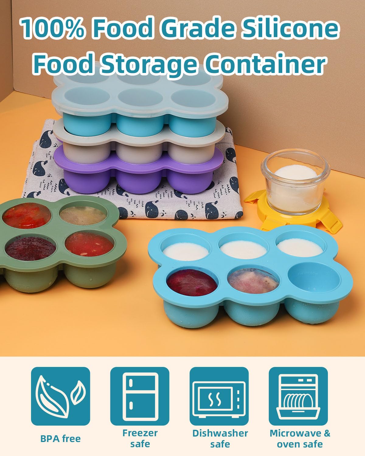 Silicone Baby Food Freezer Tray with Clip-on Lid, 6 x 3 oz, Blue