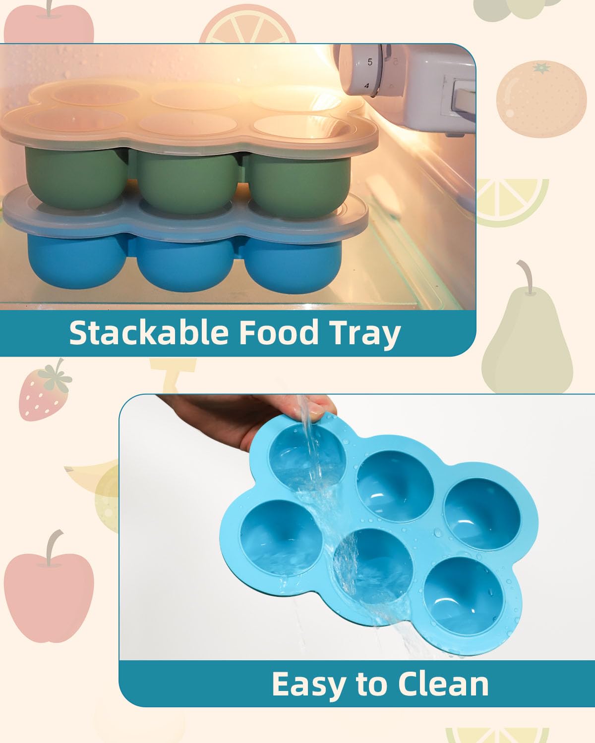 Silicone Baby Food Freezer Tray with Clip-on Lid, 6 x 3 oz, Blue