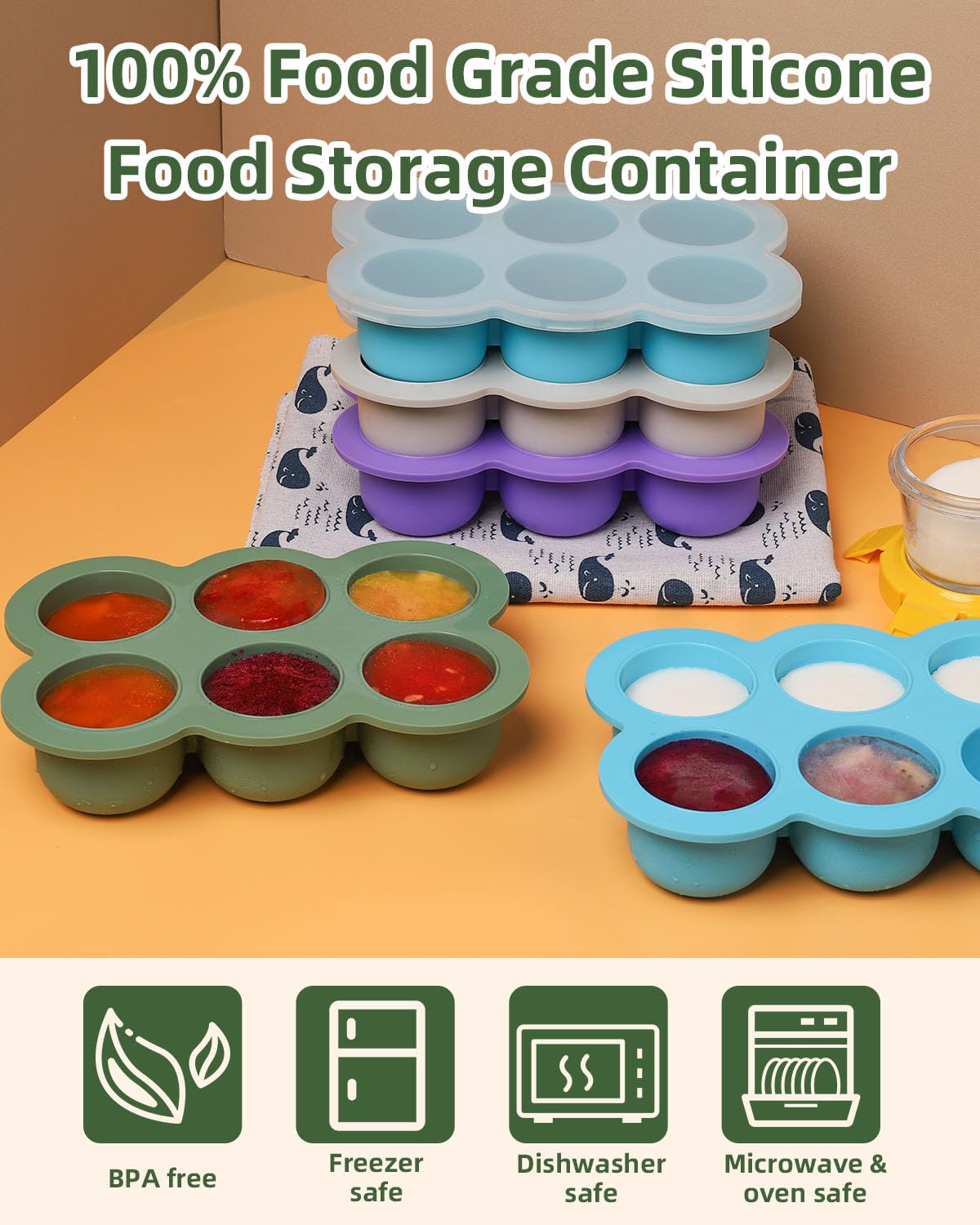 Silicone Baby Food Freezer Tray with Clip-on Lid, 6 x 3 oz, Blue