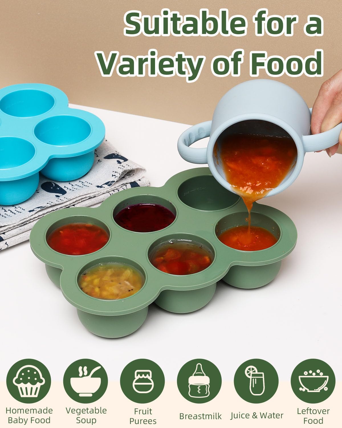 Silicone Baby Food Freezer Tray with Clip-on Lid, 6 x 3 oz, Blue