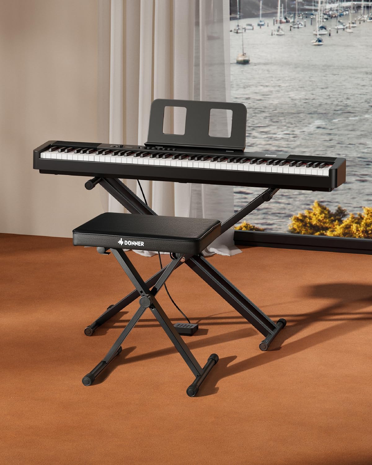 Piano Bench, Adjustable Keyboard Bench Portable Stool Collapsible Chair Foldable Seat X-Style, 2.4 Inch Thickness High-Density Sponge Padded, Non-Skid Design, Black