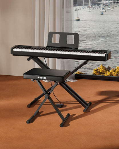 Piano Bench, Adjustable Keyboard Bench Portable Stool Collapsible Chair Foldable Seat X-Style, 2.4 Inch Thickness High-Density Sponge Padded, Non-Skid Design, Black