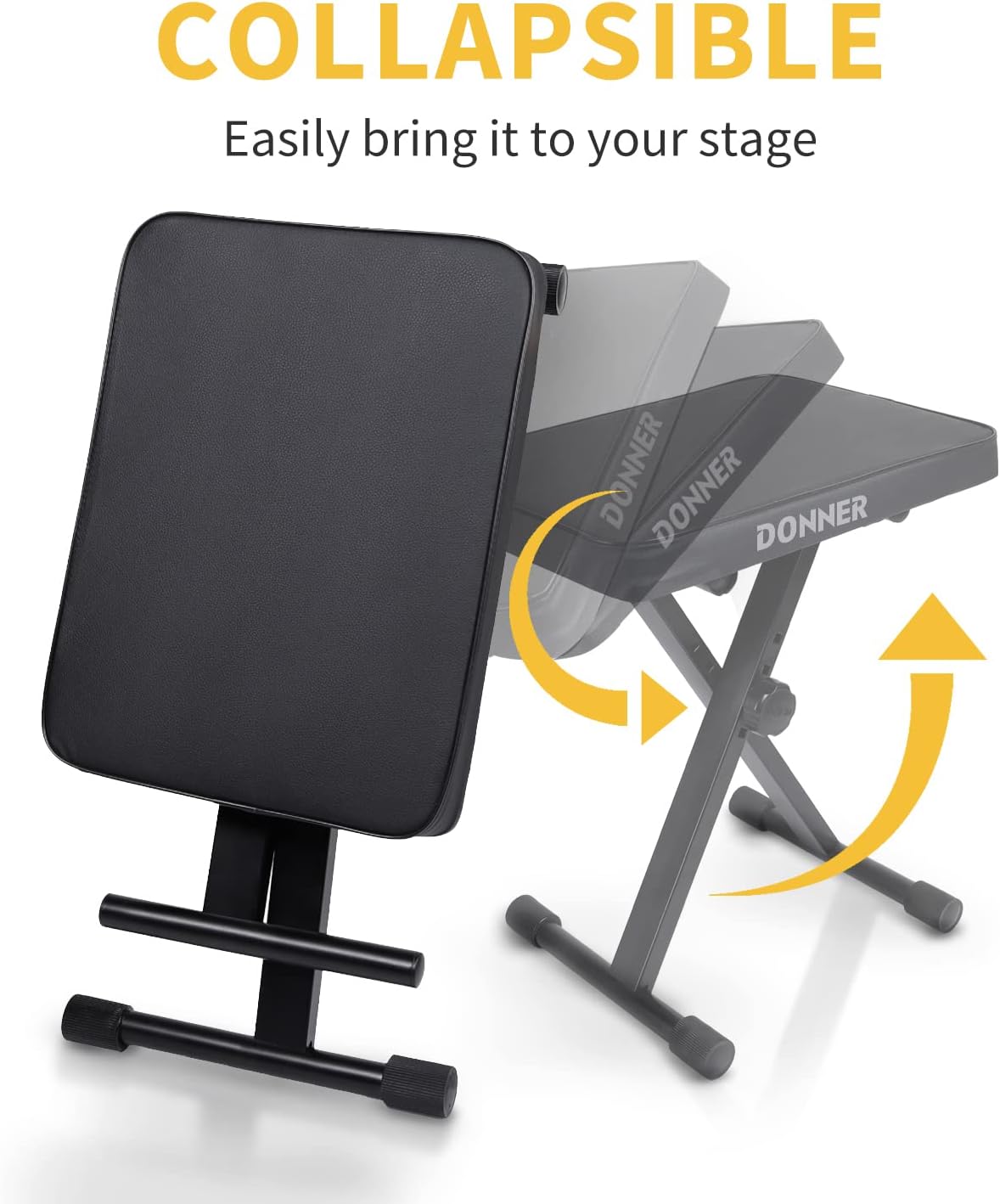 Piano Bench, Adjustable Keyboard Bench Portable Stool Collapsible Chair Foldable Seat X-Style, 2.4 Inch Thickness High-Density Sponge Padded, Non-Skid Design, Black