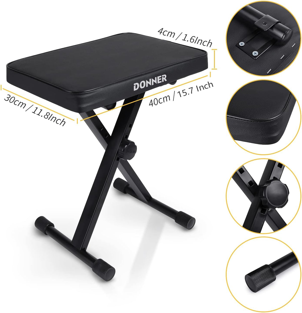 Piano Bench, Adjustable Keyboard Bench Portable Stool Collapsible Chair Foldable Seat X-Style, 2.4 Inch Thickness High-Density Sponge Padded, Non-Skid Design, Black