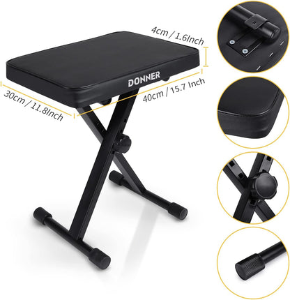 Piano Bench, Adjustable Keyboard Bench Portable Stool Collapsible Chair Foldable Seat X-Style, 2.4 Inch Thickness High-Density Sponge Padded, Non-Skid Design, Black