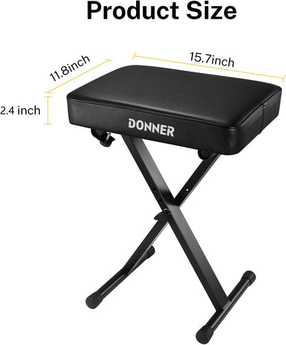 Piano Bench, Adjustable Keyboard Bench Portable Stool Collapsible Chair Foldable Seat X-Style, 2.4 Inch Thickness High-Density Sponge Padded, Non-Skid Design, Black