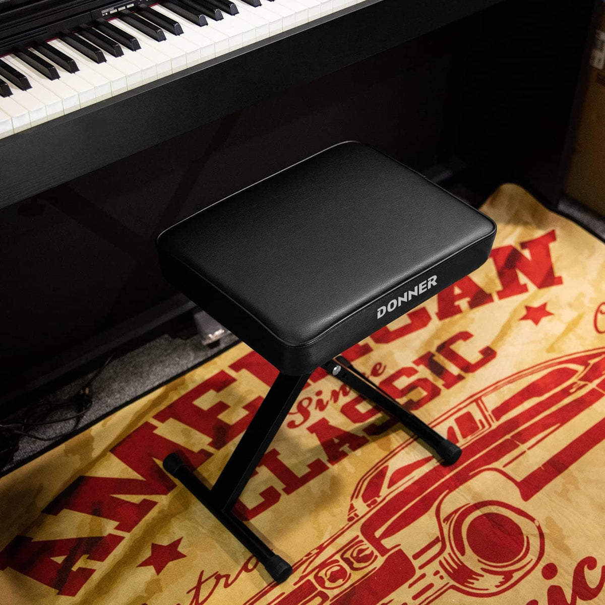 Piano Bench, Adjustable Keyboard Bench Portable Stool Collapsible Chair Foldable Seat X-Style, 2.4 Inch Thickness High-Density Sponge Padded, Non-Skid Design, Black