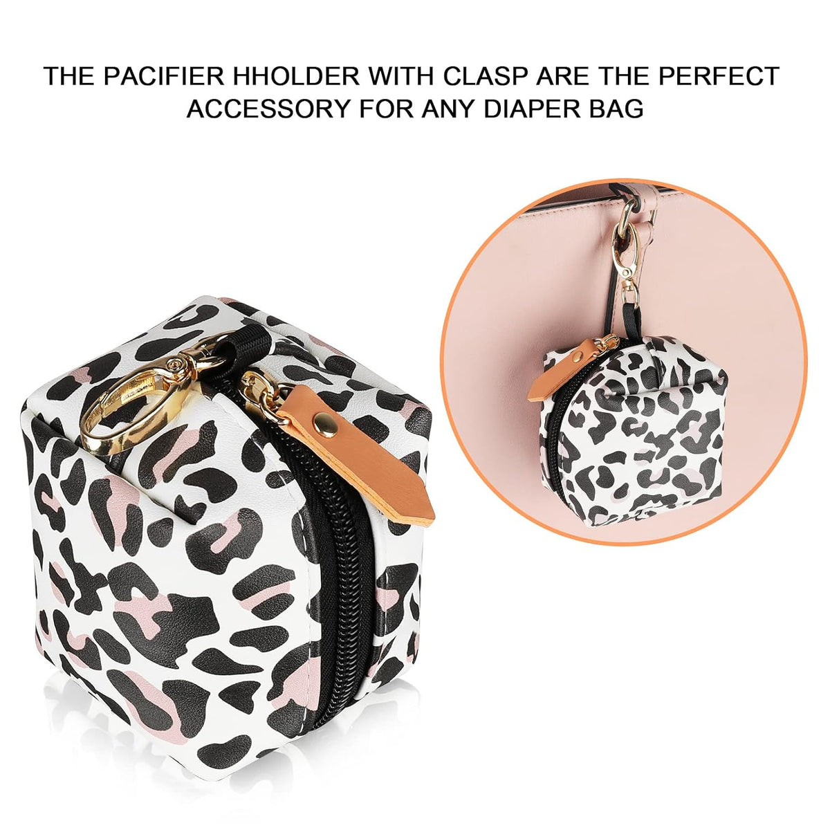 Baby Pacifier Case with Clip, Baby Pacifier Holder Pouch Box for Diaper Bag, Holds 2 Pacifiers for Travel Outdoor Activities, Small Baby Utensils,Black Leopard