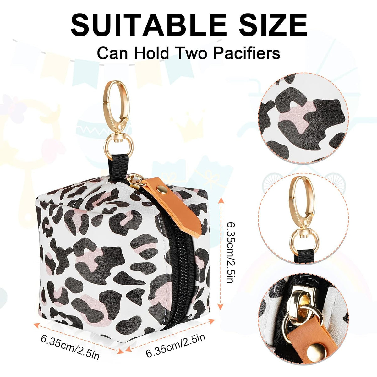 Baby Pacifier Case with Clip, Baby Pacifier Holder Pouch Box for Diaper Bag, Holds 2 Pacifiers for Travel Outdoor Activities, Small Baby Utensils,Black Leopard