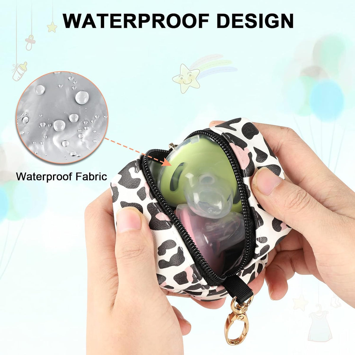 Baby Pacifier Case with Clip, Baby Pacifier Holder Pouch Box for Diaper Bag, Holds 2 Pacifiers for Travel Outdoor Activities, Small Baby Utensils,Black Leopard