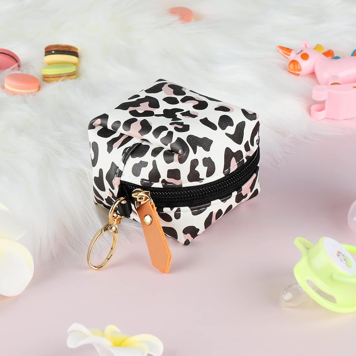 Baby Pacifier Case with Clip, Baby Pacifier Holder Pouch Box for Diaper Bag, Holds 2 Pacifiers for Travel Outdoor Activities, Small Baby Utensils,Black Leopard