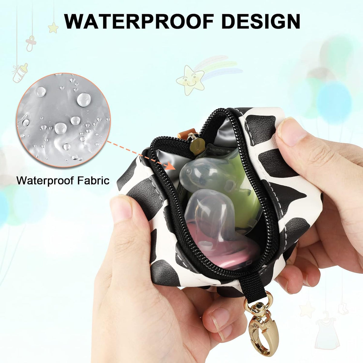 Baby Pacifier Case with Clip, Baby Pacifier Holder Pouch Box for Diaper Bag, Holds 2 Pacifiers for Travel Outdoor Activities, Small Baby Utensils,Black Leopard
