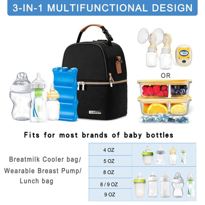 Breastmilk Cooler Bag with Ice Pack Fits 6 Baby Bottles up to 9 Ounce, Breast Milk Pump Cooler Bag with Shoulder Strap for Nursing Mom Daycare, Work, Travel- Black