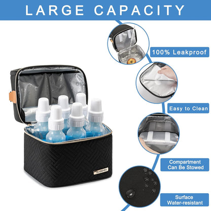Breastmilk Cooler Bag with Ice Pack Fits 6 Baby Bottles up to 9 Ounce, Breast Milk Pump Cooler Bag with Shoulder Strap for Nursing Mom Daycare, Work, Travel- Black