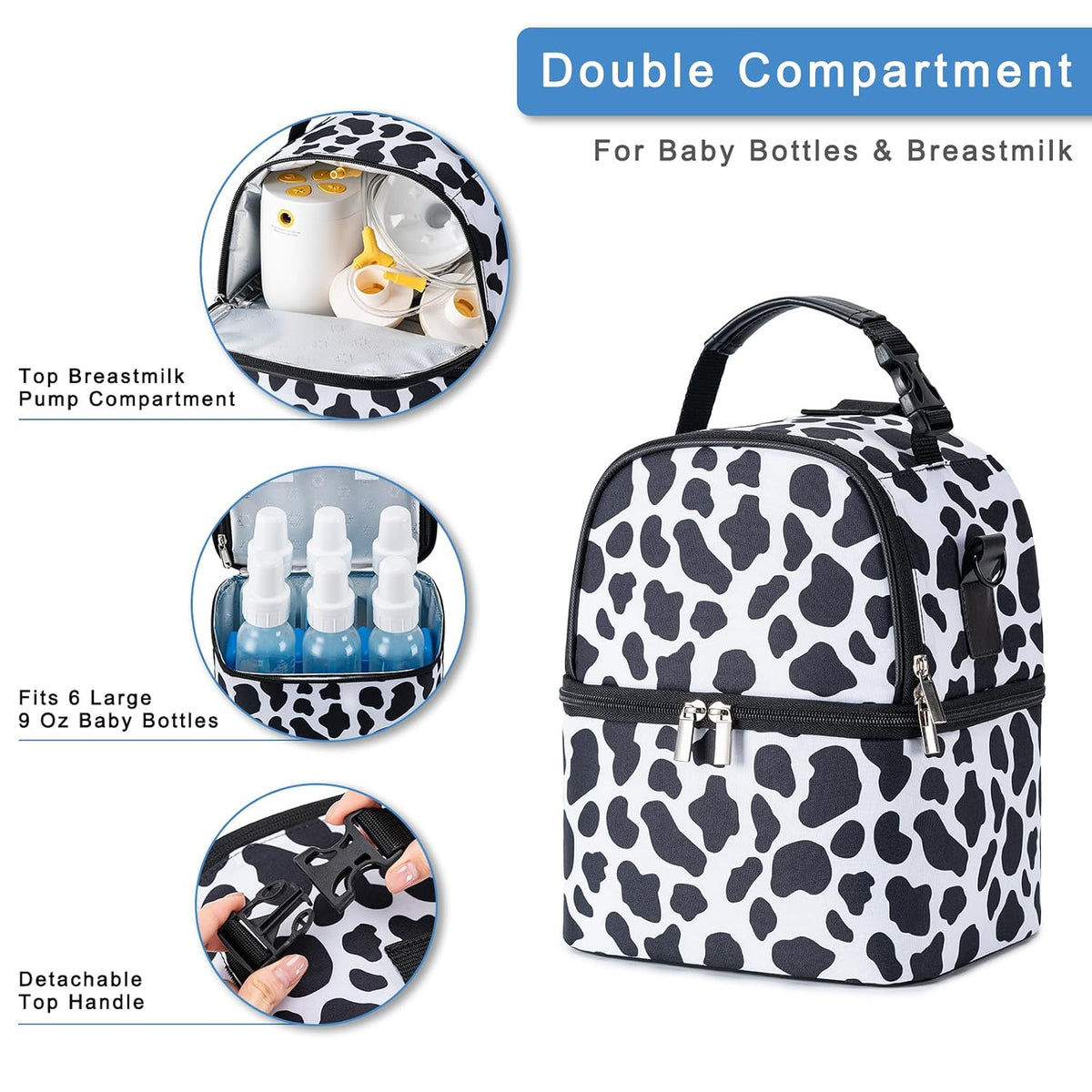 Breastmilk Cooler Bag with Ice Pack Fits 6 Baby Bottles up to 9 Ounce, Breast Milk Pump Cooler Bag with Shoulder Strap for Nursing Mom Daycare, Work, Travel- Black