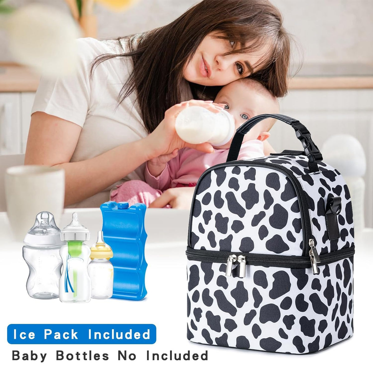 Breastmilk Cooler Bag with Ice Pack Fits 6 Baby Bottles up to 9 Ounce, Breast Milk Pump Cooler Bag with Shoulder Strap for Nursing Mom Daycare, Work, Travel- Black