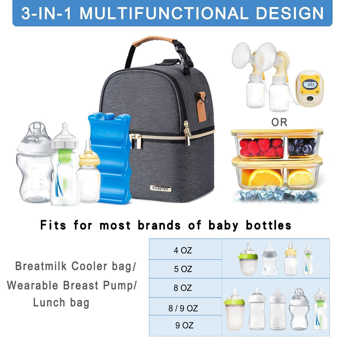 Breastmilk Cooler Bag with Ice Pack Fits 6 Baby Bottles up to 9 Ounce, Breast Milk Pump Cooler Bag with Shoulder Strap for Nursing Mom Daycare, Work, Travel- Black