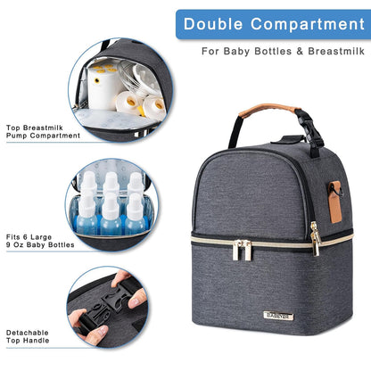 Breastmilk Cooler Bag with Ice Pack Fits 6 Baby Bottles up to 9 Ounce, Breast Milk Pump Cooler Bag with Shoulder Strap for Nursing Mom Daycare, Work, Travel- Black