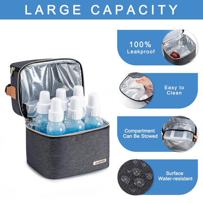 Breastmilk Cooler Bag with Ice Pack Fits 6 Baby Bottles up to 9 Ounce, Breast Milk Pump Cooler Bag with Shoulder Strap for Nursing Mom Daycare, Work, Travel- Black