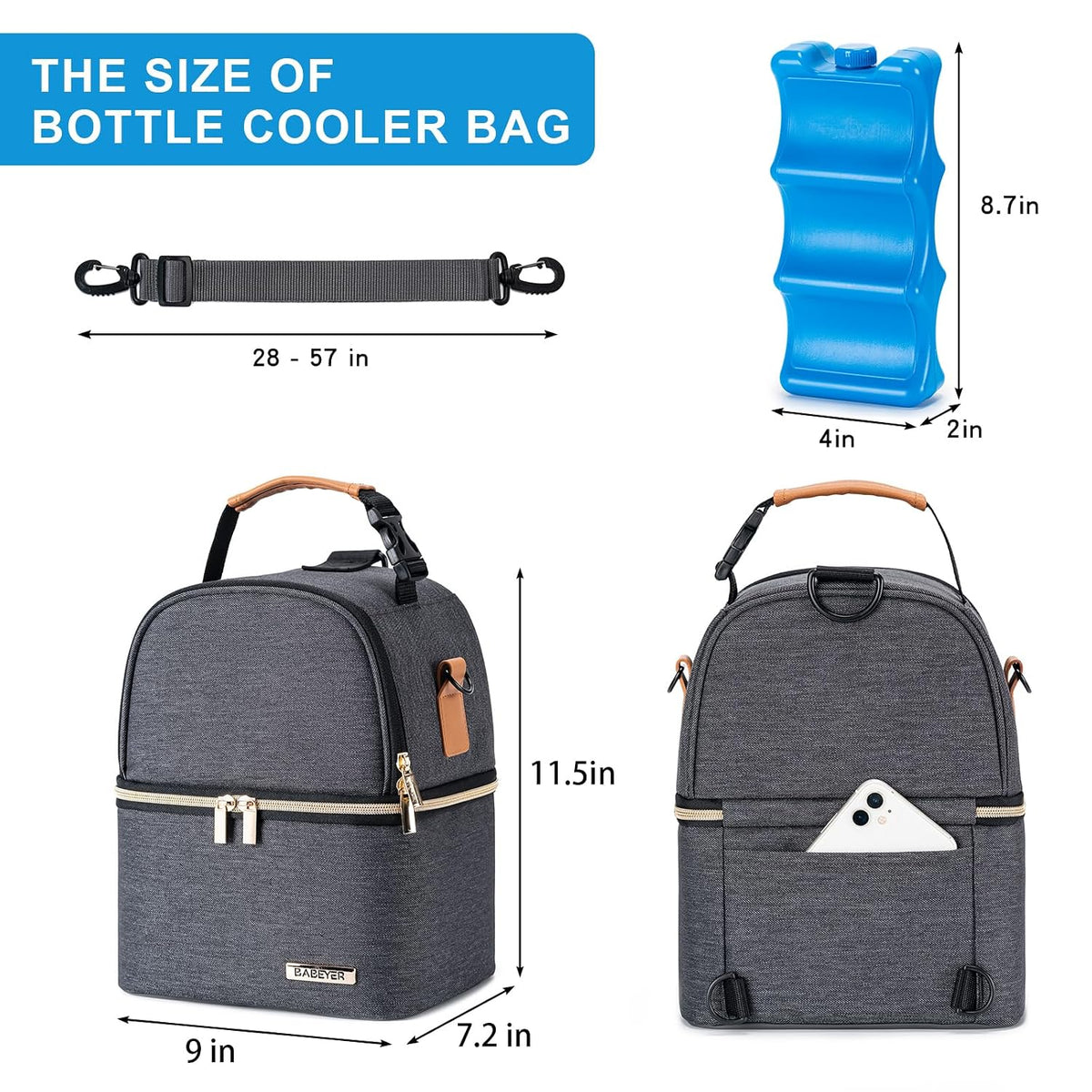 Breastmilk Cooler Bag with Ice Pack Fits 6 Baby Bottles up to 9 Ounce, Breast Milk Pump Cooler Bag with Shoulder Strap for Nursing Mom Daycare, Work, Travel- Black