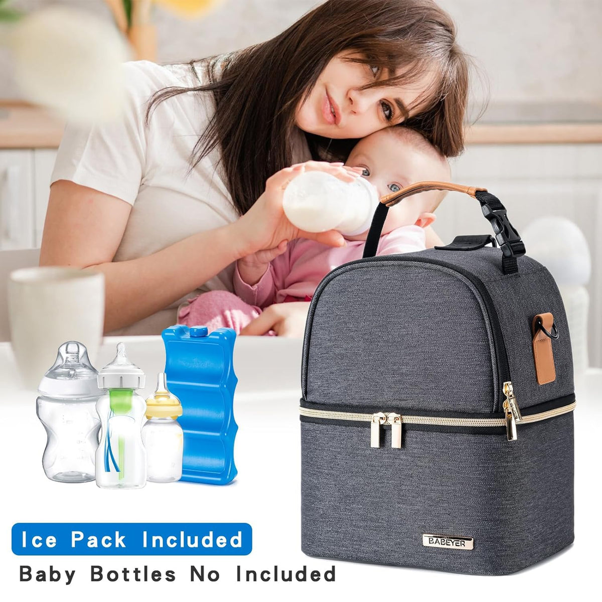 Breastmilk Cooler Bag with Ice Pack Fits 6 Baby Bottles up to 9 Ounce, Breast Milk Pump Cooler Bag with Shoulder Strap for Nursing Mom Daycare, Work, Travel- Black