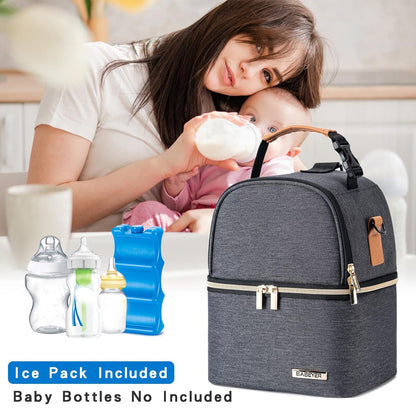 Breastmilk Cooler Bag with Ice Pack Fits 6 Baby Bottles up to 9 Ounce, Breast Milk Pump Cooler Bag with Shoulder Strap for Nursing Mom Daycare, Work, Travel- Black