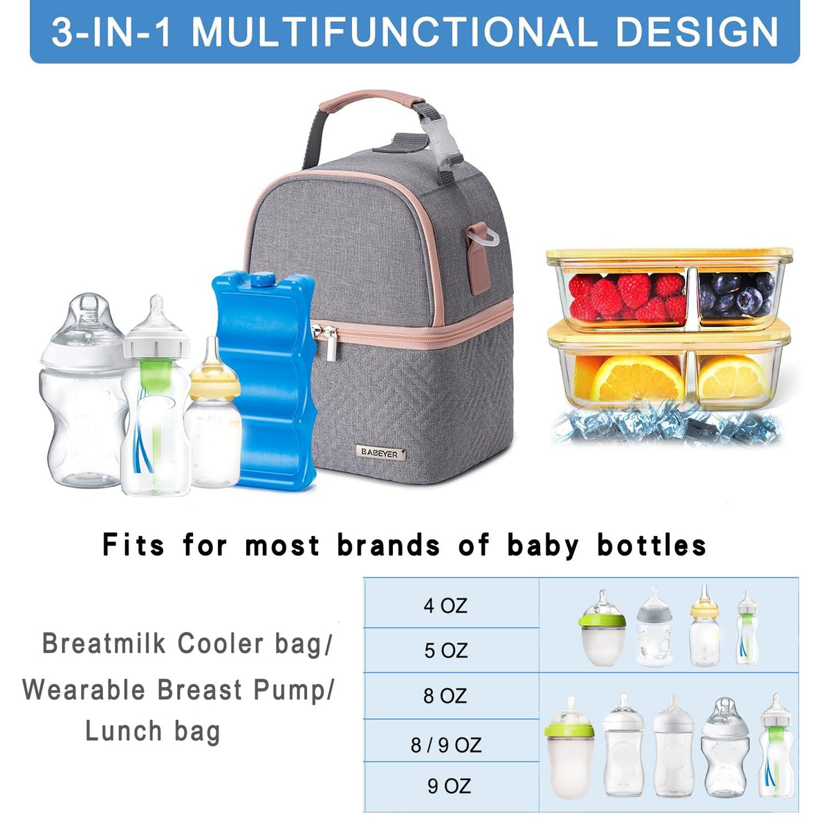 Breastmilk Cooler Bag with Ice Pack Fits 6 Baby Bottles up to 9 Ounce, Breast Milk Pump Cooler Bag with Shoulder Strap for Nursing Mom Daycare, Work, Travel- Black