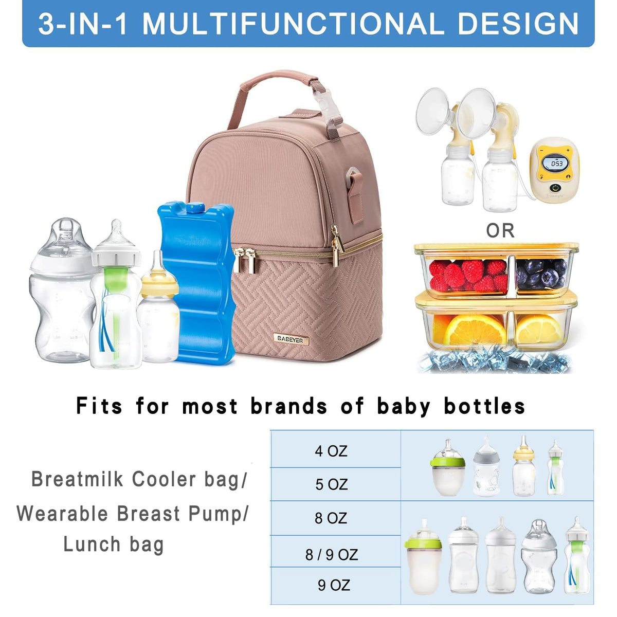 Breastmilk Cooler Bag with Ice Pack Fits 6 Baby Bottles up to 9 Ounce, Breast Milk Pump Cooler Bag with Shoulder Strap for Nursing Mom Daycare, Work, Travel- Black
