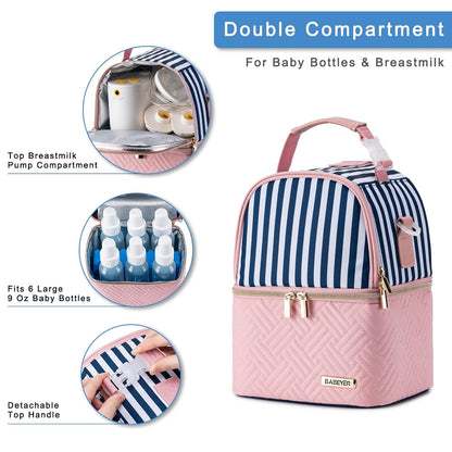 Breastmilk Cooler Bag with Ice Pack Fits 6 Baby Bottles up to 9 Ounce, Breast Milk Pump Cooler Bag with Shoulder Strap for Nursing Mom Daycare, Work, Travel- Black
