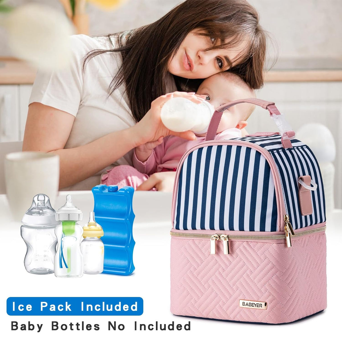 Breastmilk Cooler Bag with Ice Pack Fits 6 Baby Bottles up to 9 Ounce, Breast Milk Pump Cooler Bag with Shoulder Strap for Nursing Mom Daycare, Work, Travel- Black