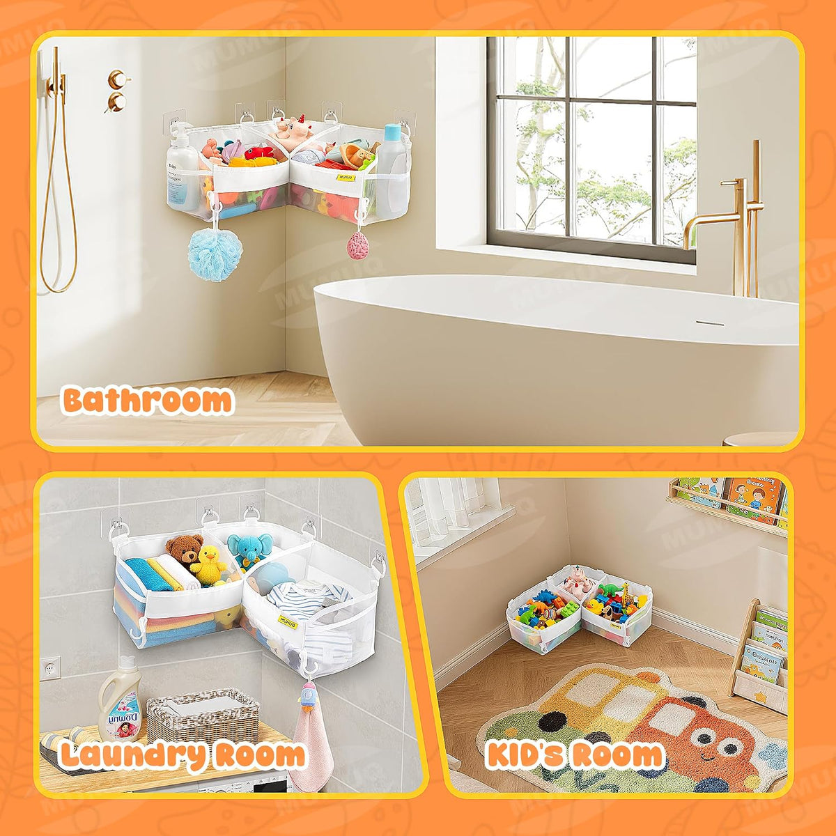 3 Compartments Bath Toy Storage Corner Bath Toy Holder for Bathtub
