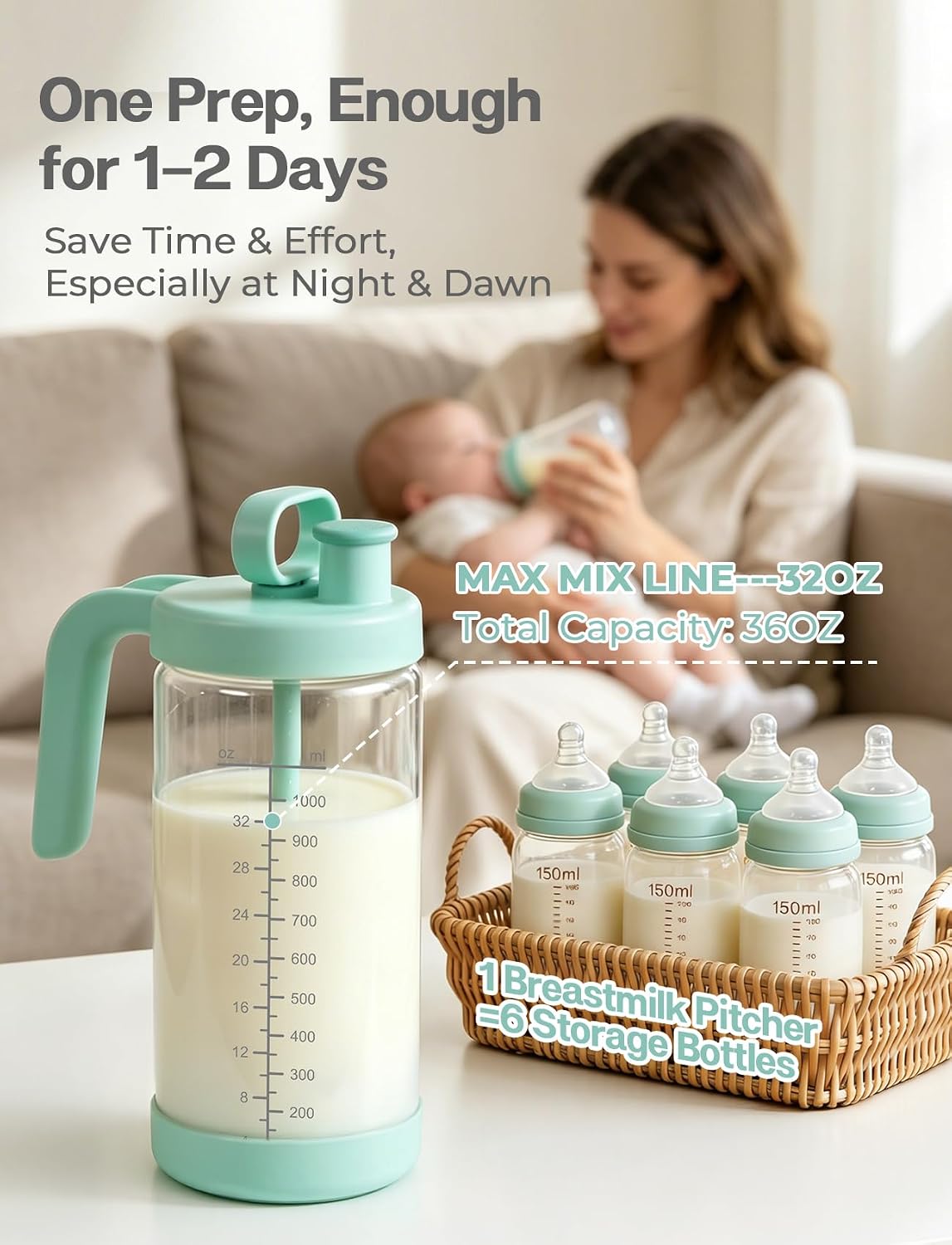 32oz Glass Formula Mixing Pitcher, Borosilicate Breastmilk Mixer, BPA-Free