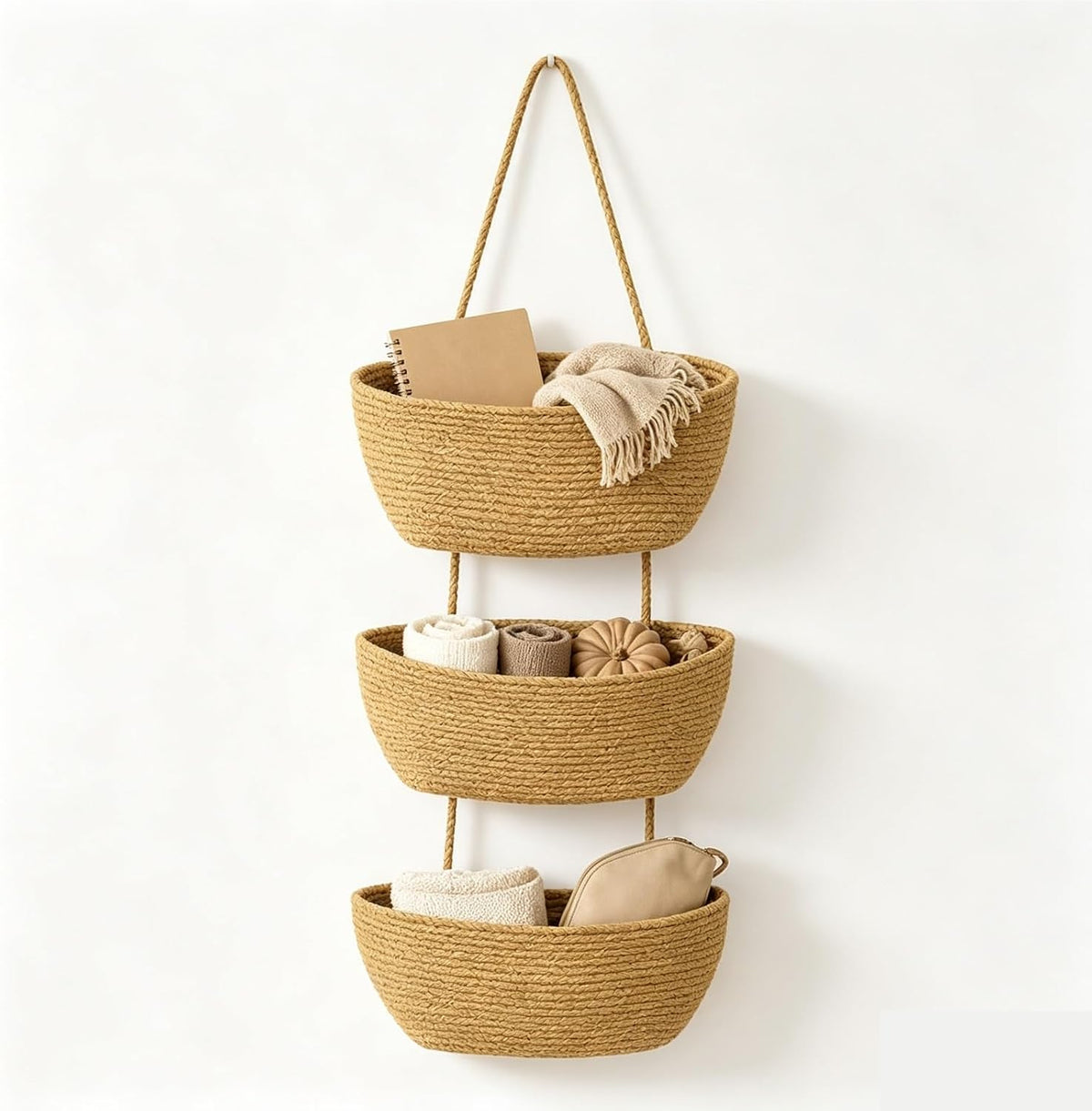 Over the Door Hanging Basket, 3-Tier Woven Cotton Storage Organizer Bag