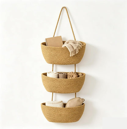 Over the Door Hanging Basket, 3-Tier Woven Cotton Storage Organizer Bag