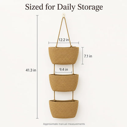 Over the Door Hanging Basket, 3-Tier Woven Cotton Storage Organizer Bag