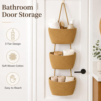 Over the Door Hanging Basket, 3-Tier Woven Cotton Storage Organizer Bag