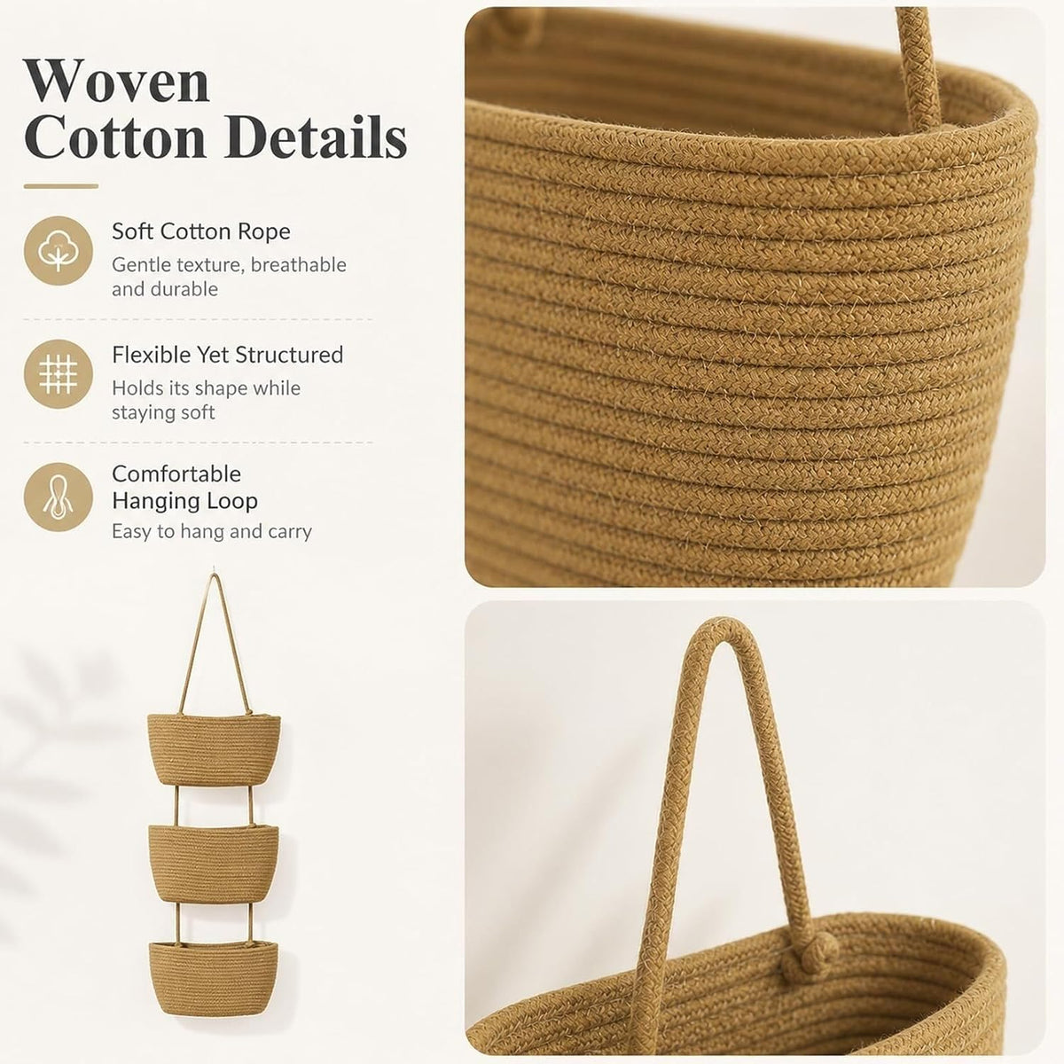 Over the Door Hanging Basket, 3-Tier Woven Cotton Storage Organizer Bag